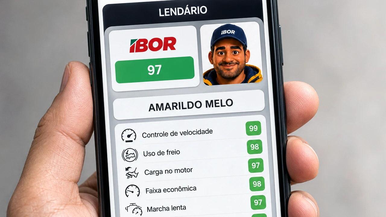 App IBOR Performance mostrando a nota do motorista Amarildo Melo.