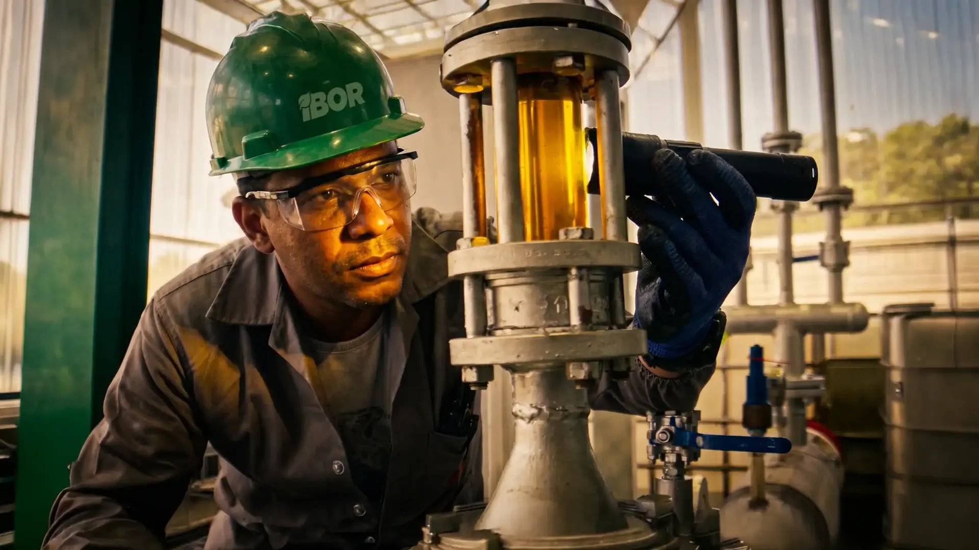 Técnico IBOR com capacete verde inspecionando equipamento industrial com biodiesel em laboratório